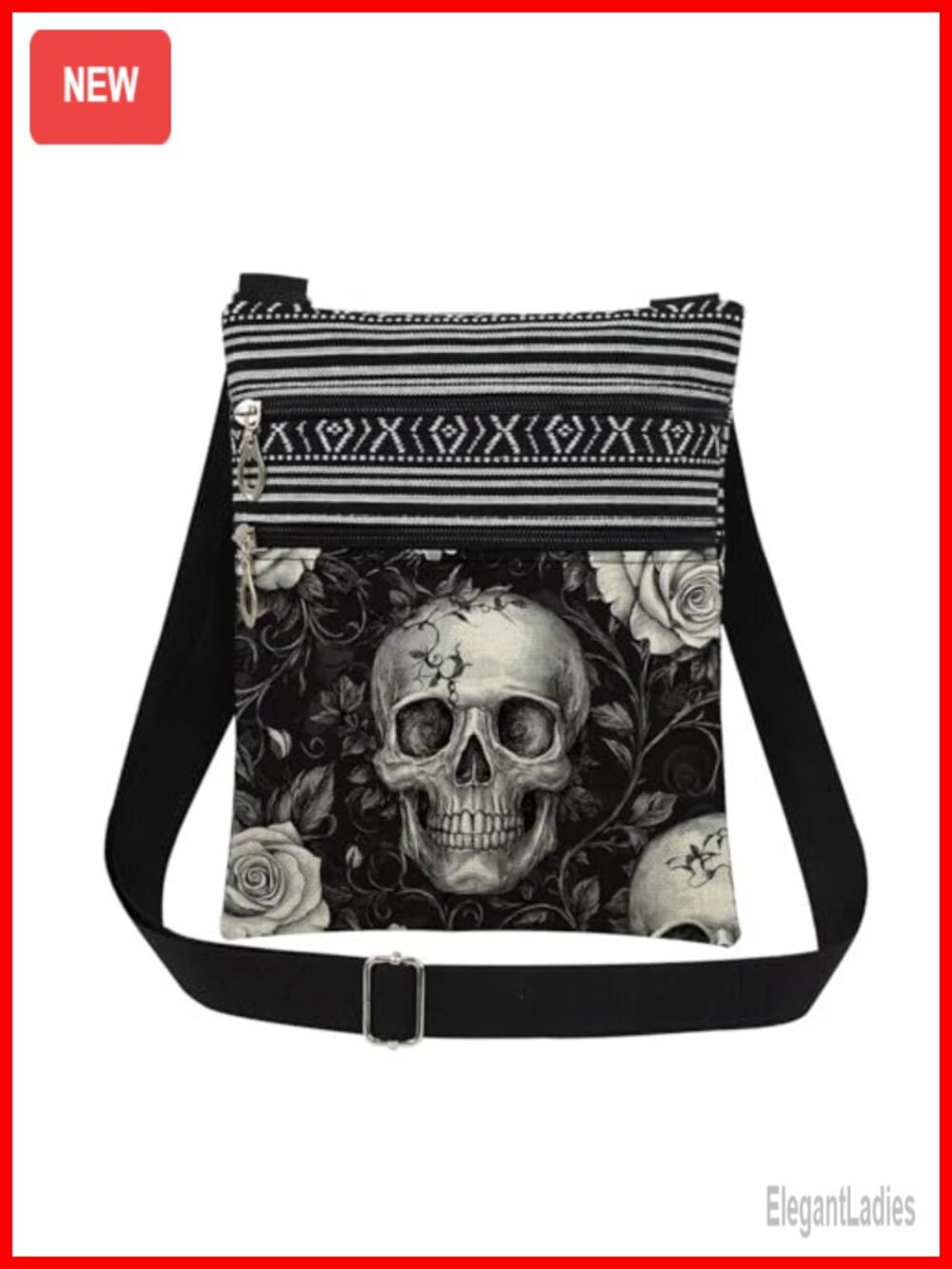 Skull Crossbody Bag Polyester Adjustable Strap Zipper Pouch